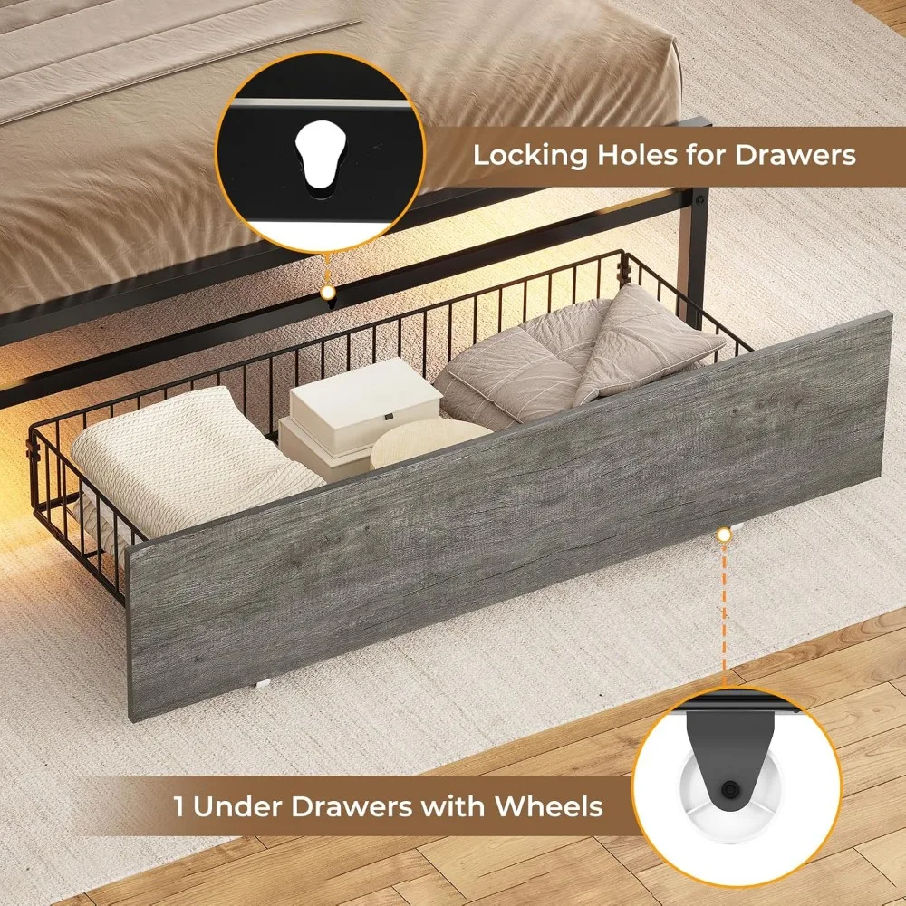 Twin Bed Frames with Headboard and 2 Storage Drawers, Twin Bed Frame with Charging Station and Led Lights,No Box Spring Needed 5
