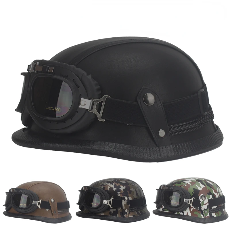 

Open Face Half Leather Helmet Moto Vintage Motorbike Vespa Camouflage Motorcycle Helmet