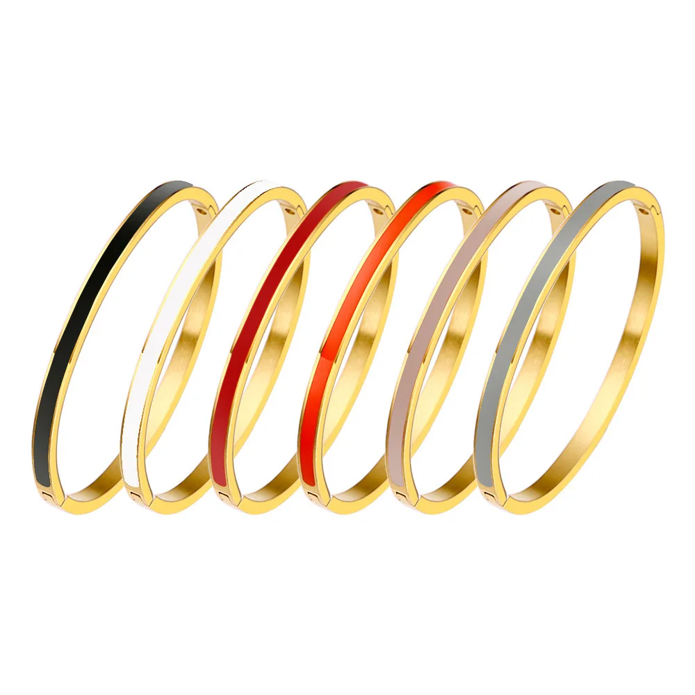 CARLIDANA Luxury Colorful Orange Enamel Bangles Bracelets for Women Party Gift Fashion Bangles Original Stainless Steel Jewelry 6