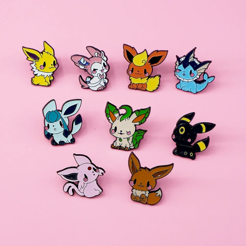 9 Stück niedliche Pokemon Eevee Broschen-Anstecker, Anime-Emaille-Pins, Flareon Vaporeon Kawaii Reversnadeln für Taschen, Jacken, Freunde, Geschenke