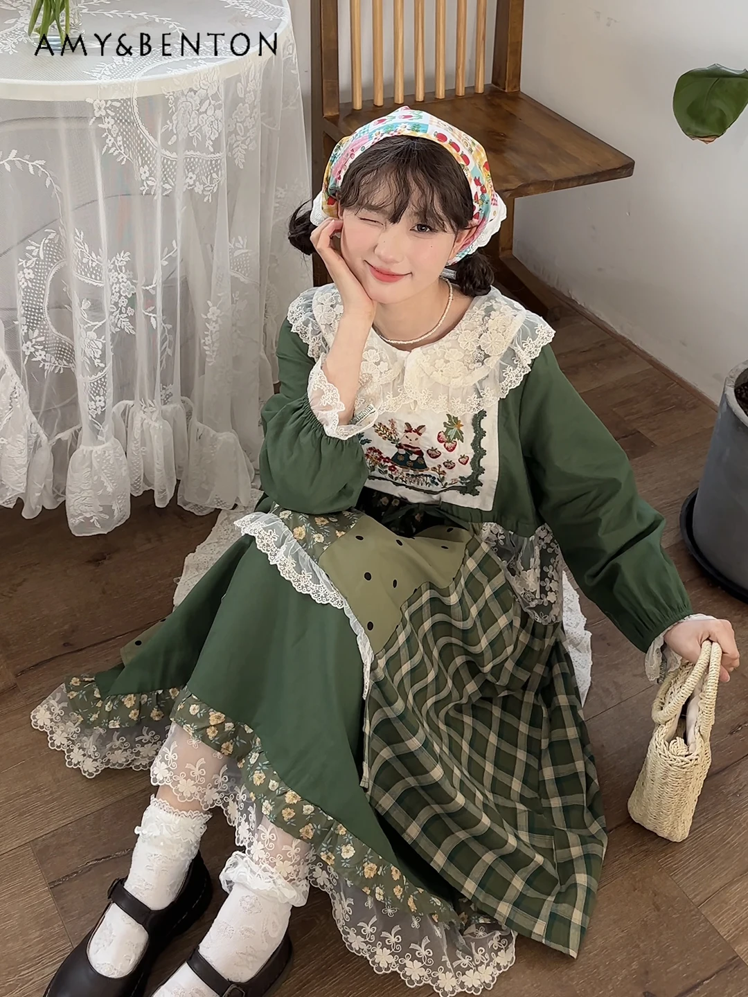 

Mori Girl Pastoral Style Floral Stitching Dress Spring Japanese Sweet Cute Doll Collar Long Sleeve Loose Casual Dress for Women