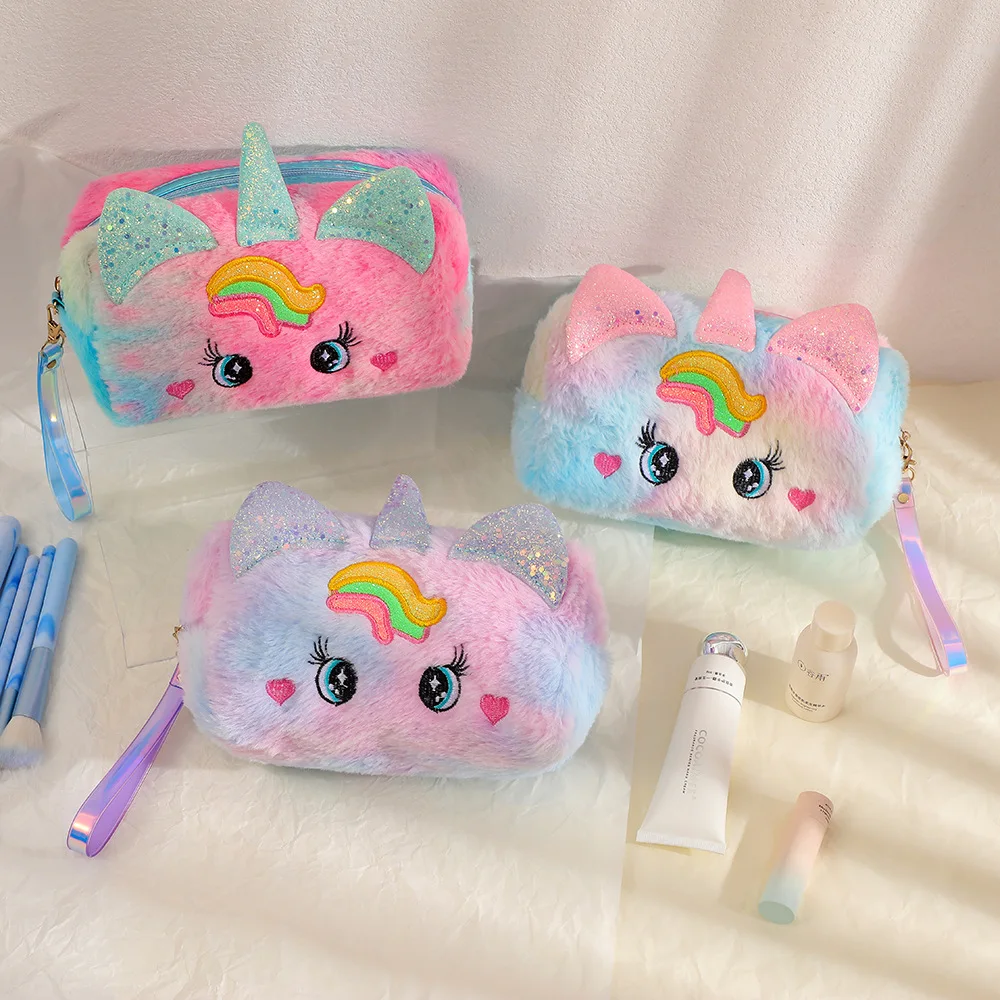 New Fur Plush Unicorn Cosmetic Bag for Women Plush Girl Makeup Bag Female Beauty Case Travel Portable Toiletry Makeup Case Bag 3