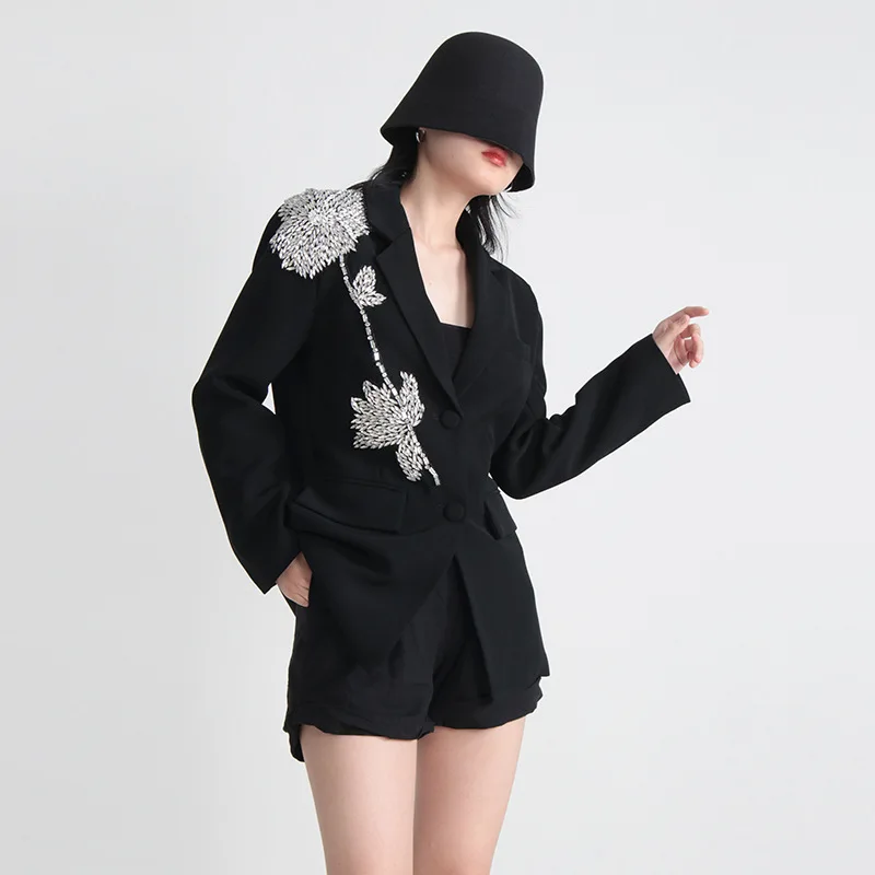 

Top Fashion Women Blazer Appliques Notched Collar Single Breasted Long Sleeve Loose Black Suit Jackets Summer 2024 New