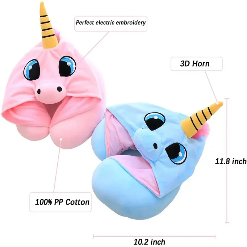 New U Shaped Neck Pillow for Airplane Travel Adults and Kids Travel Pillow Unicorn Cat Owl Pig Fox Memory Foam Hooded Pillows 2
