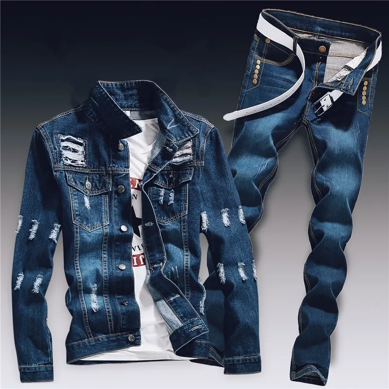 Primavera uomo Denim due pezzi Set buco strappato Slim Fit giacca Jeans Set  maschile Casual Vintage Ropa Hombre Cargo Suit Streetwear - AliExpress