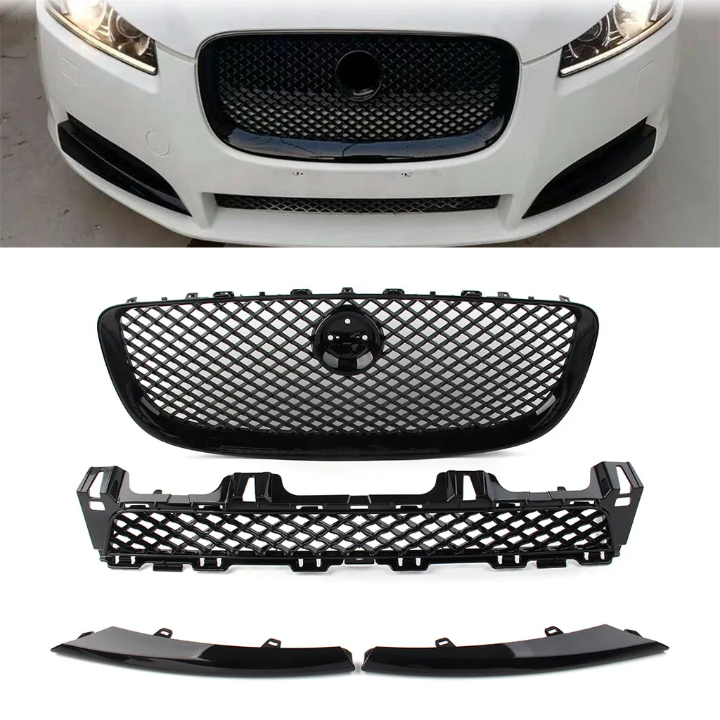 4Pcs/Set ABS Gloss Black Car Front Bumper Grille Upper & Lower Mesh