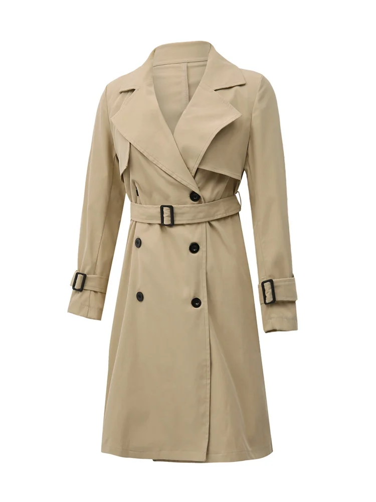 Women Fashion Long Trench Coats Solid Color Double-breasted Belted Windbreaker Fall Jackets Outerwear - 5