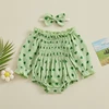 Newborn Girl St Patricks Day Bodysuits Outfit Long Sleeve Off shoulder Shamrock Print Romper with Hairband Baby Jumpsuits 1