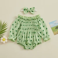 Newborn Girl St Patricks Day Bodysuits Outfit Long Sleeve Off shoulder Shamrock Print Romper with Hairband Baby Jumpsuits 1