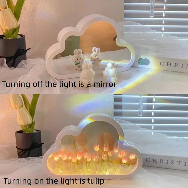 DIY Cloud Tulip LED noapte lumină fete dormitor ornamente Creative cadru foto oglindă lămpi de masă noptieră cadouri de ziua de naștere lucrate manual_voghion.com