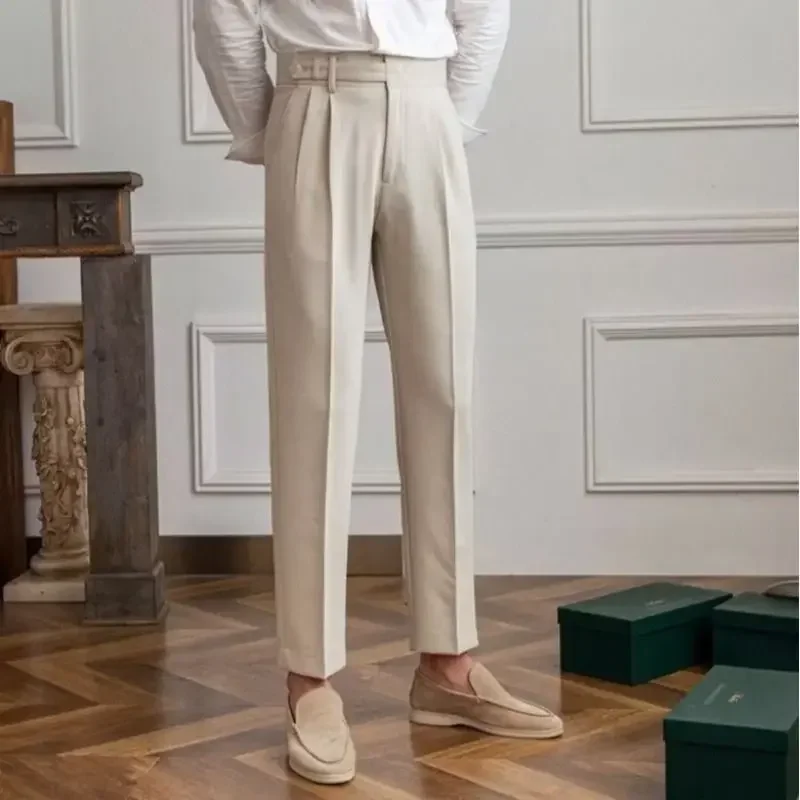 thumbnail image 1 of 9 Pantalones de traje masculino recortados marrones de talla grande, pantalones de verano para hombre, ropa nueva de diseñador, ropa de estilo coreano, tela formal, 1 of 5