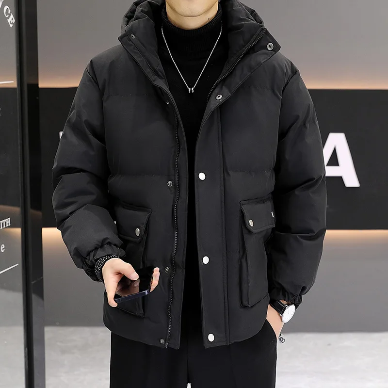 Winter Men's Thickened Warm Cotton Jacket Fashion B Letter Printed Hooded Down Cotton Jacket Handsome Casual Loose Coat