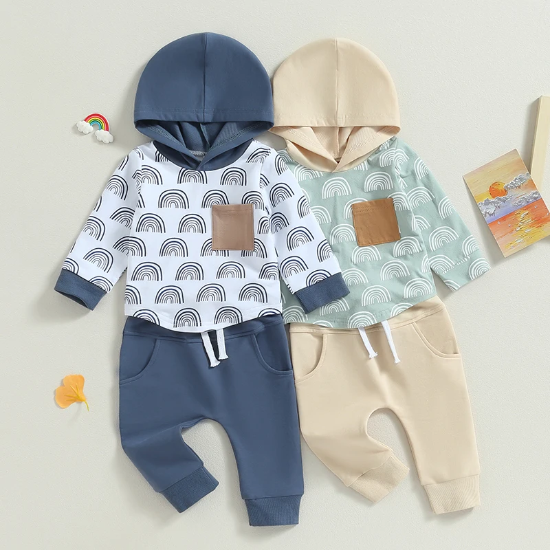 

Baby Boy 2 Piece Outfits Rainbow Print Long Sleeve Hoodie Sweatshirt and Elastic Pants for Toddler Fall Tracksuit Clothes Sets