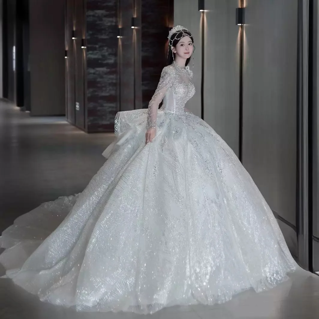 

GUXQD High End Ball Gown Women Wedding Dresses Bling Bling Sequins Long Sleeves Bridal Gowns Formal robe de mariée