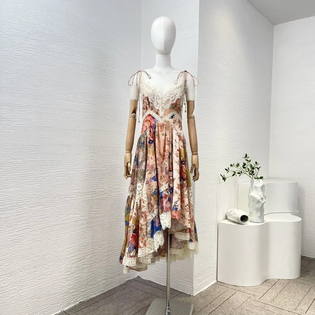 

Женское винтажное платье-миди без рукавов, асимметричное кружевное платье-миди с цветочным принтом и вырезом сердечком, в стиле пэчворк, 2024