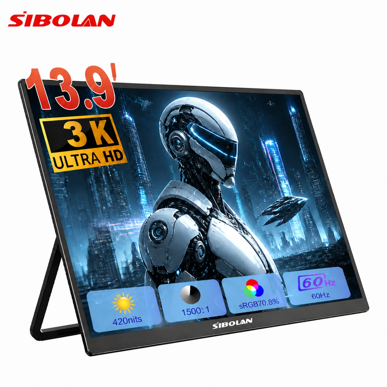 시볼란 13.9인치 3K 휴대용 모니터 3000x2000P 70.8% sRGB 60Hz 노트북 PC 확장 화면 게이밍 모니터 (윈도우 & 맥 호환)