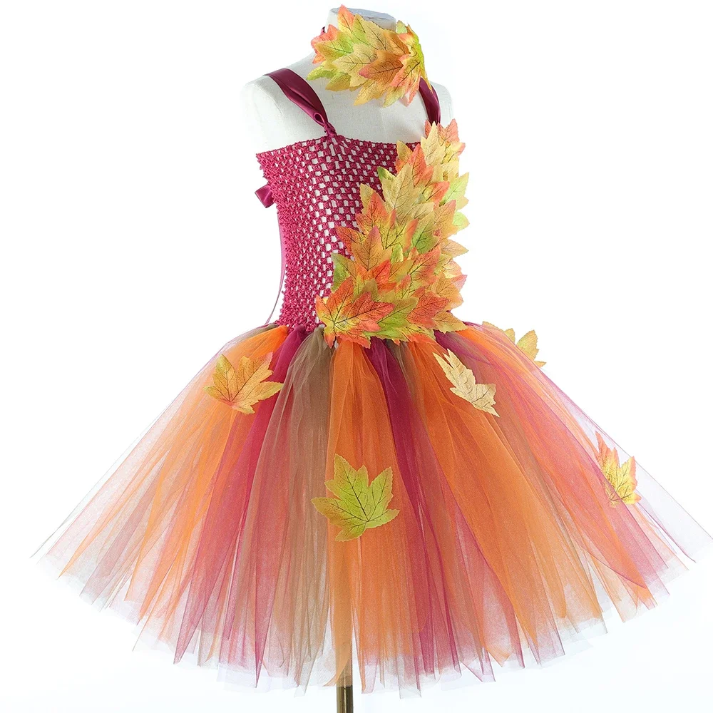 Girls Fairy Costume Forest Woodland Autumn Tutu Dress Up Maple Leaves Kids Halloween Thanksgiving Tulle Princess Dress
