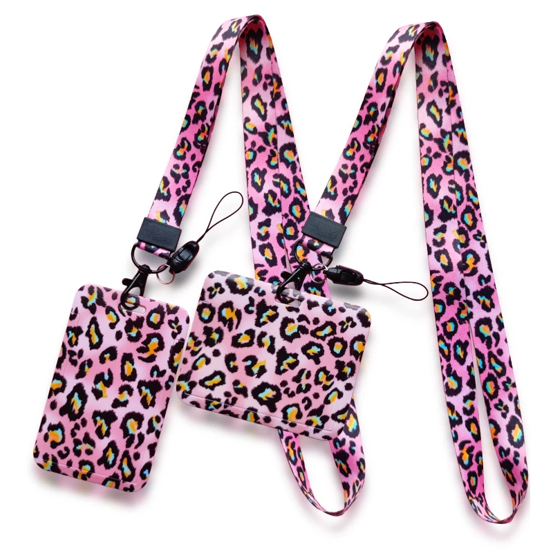 

Leopard Print ID Badge Holder Lanyard Keychain Women Credit Card Case Neck Strap Card Holders Credentials Retractable Clip