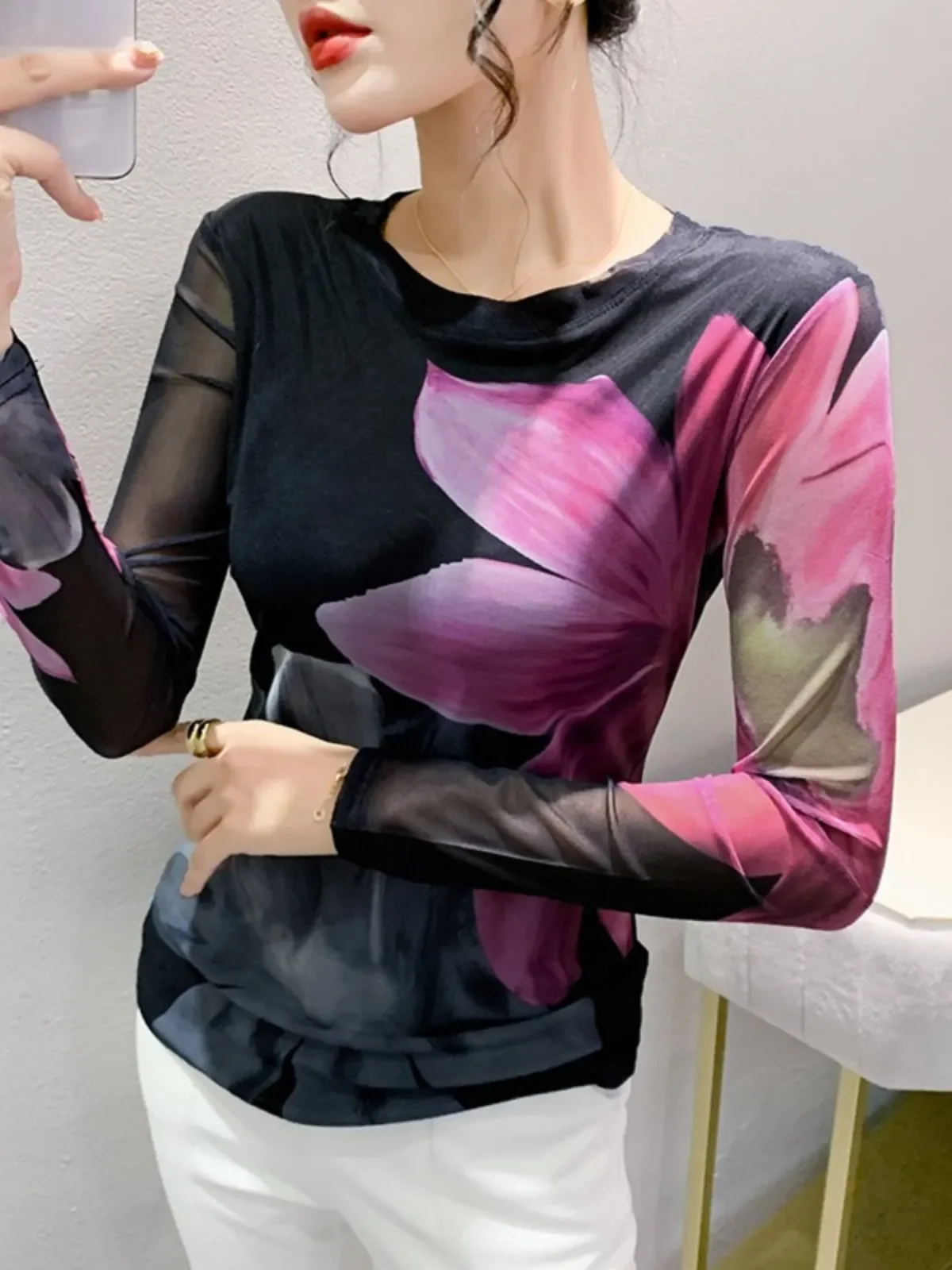 thumbnail image 4 of S-4XL Otoño Invierno camiseta de malla de doble capa estampado femenino posicionamiento flor manga larga cuello redondo Top ajustado FF0923, 4 of 5