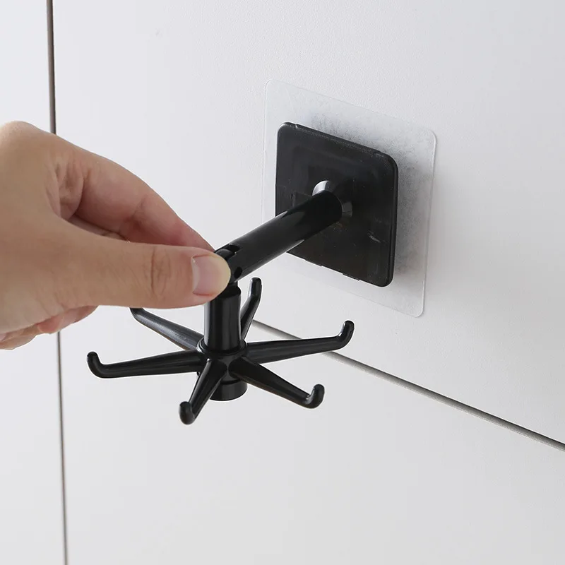 2pcs Black Kitchen Rotating Punch-free Wall-mounted Shelf 6 Rotating Hooks Pot Shovel Chopping Nail-free Adhesive Hook Rack