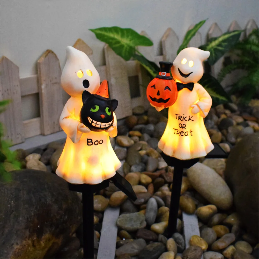 Halloween Solar Ghosts Pathway Light Anto On & Off Ghost Ground Stake Lamp Lighted White Ghost Ornament for Haunted House Decor
