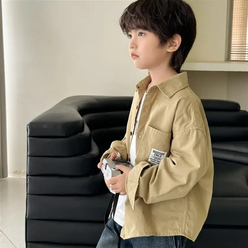Spring Autumn Childrens Outerwear Teen Boys Shirt Solid Cotton Pocket Baby Boys Coat Single Breasted Kids Tops 3-12Y