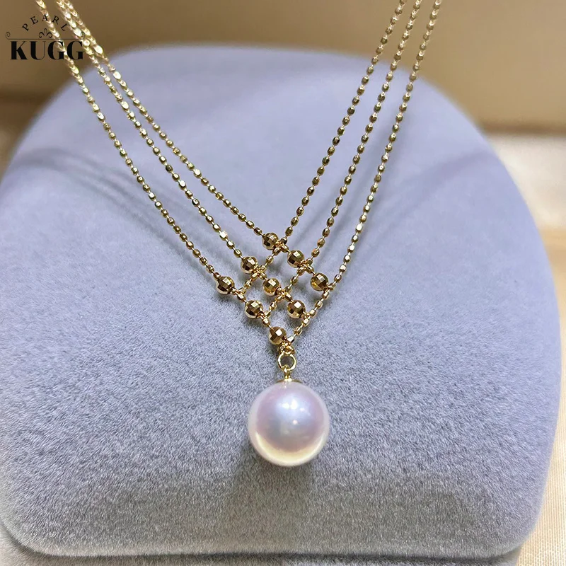 KUGG PEARL Solid 18K Yellow Gold Necklace 8-8.5mm Natural Akoya Pearl Vintage Weave Shape Romantic Style Party Jewelry for Women