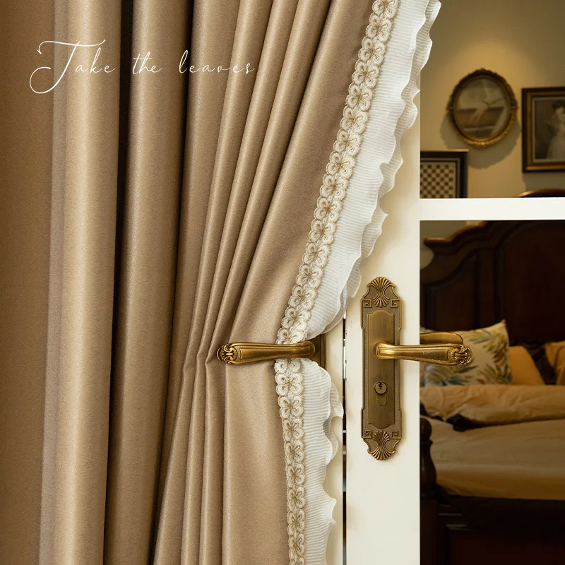 

Bedroom blackout curtains milk tea American 2023 new living room ins style soundproof hook sunshade fabric