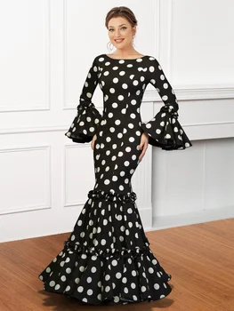 Polk Dot Print Maxi Dress for Women Flare Sleeve Ruffle Elegant Trumpet Dress Slim Round Neck Temperament Evening Dresses 1