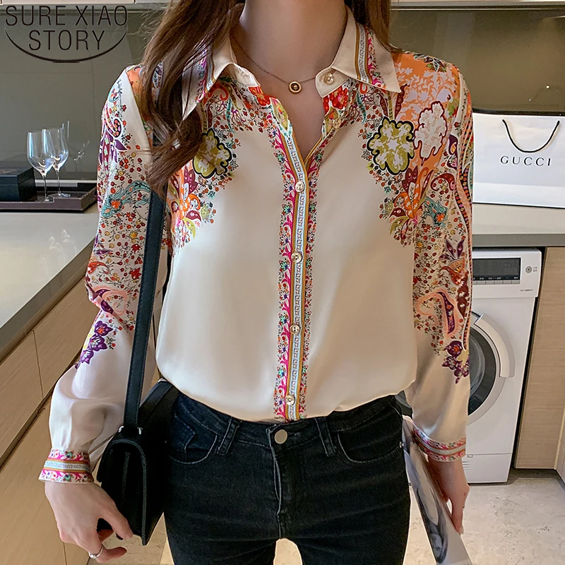 Floral Print Satin Blouse for Women Long Sleeve Office Tops