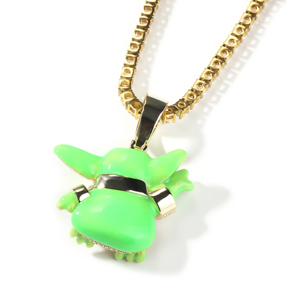 Uwin Cute Big Ear Alien Charms Iced Out Green Luminous CZ Necklaces For Women Man Hip Hop Jewelry