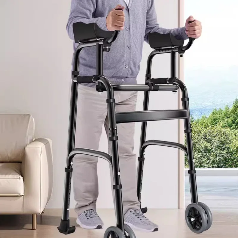 Stand Upright Walkers with Seat for Seniors Elderly Foldable Double Arm Walker Aid Walking Rehabilitation Equipment Crutch Chair 6