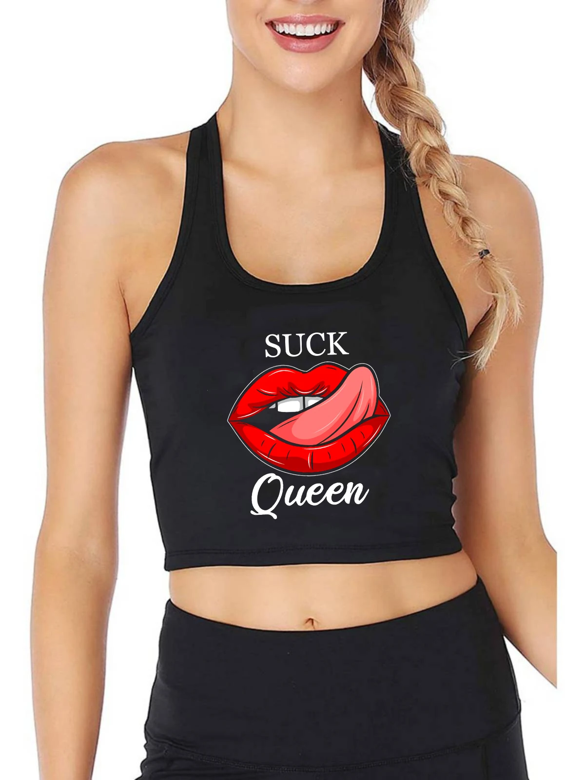

Suck Queen Print Fun Flirting Tank Top Women's Fashion Sexy Crop Tops Summer Sports Yoga Training Camisole Crop Tee