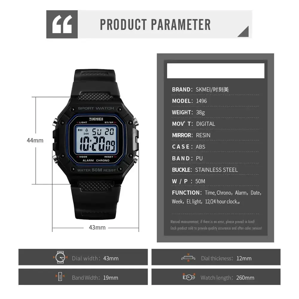 SKMEI 1496 montre homme Outdoor Sport Watch Men Digital Watches  5Bar Waterproof Alarm Clock Fashion Military Men Digital Watch 6