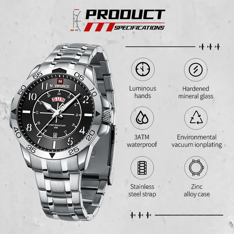 Fashion Style NAVIFORCE Men's Wristwatch Stainless Steel Waterproof Man Quartz Clock Classic Business Watches Relogio Masculino