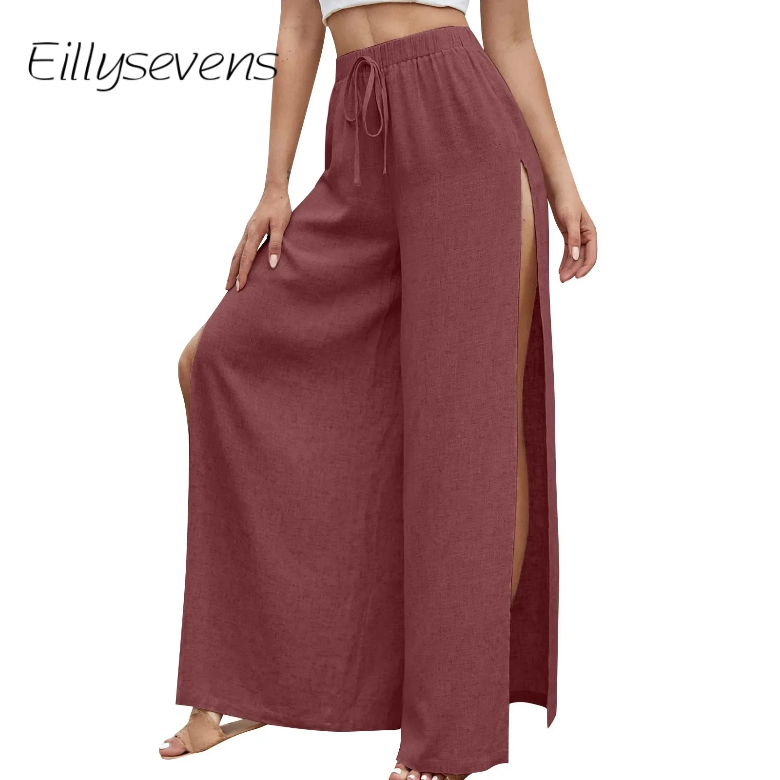 

Женские брюки Pantalones с широкими штанинами, пикантные свободные брюки с высокой талией, с завязками, с разрезом по бокам, до бедра, яркие