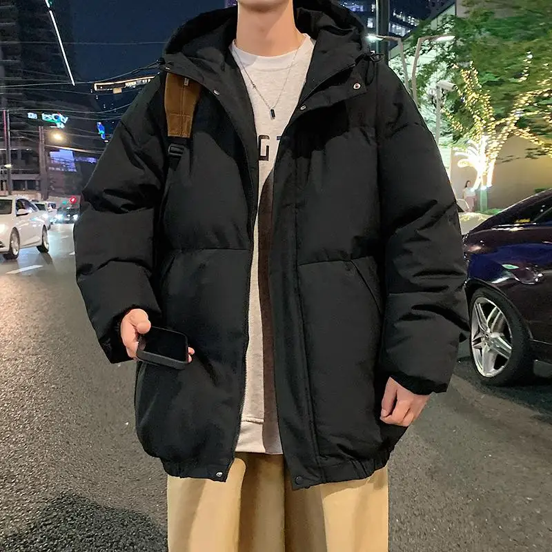 New 2023 Autumn Winter Men's Thick Warm Parkas Solid Color Hooded Cotton-Padded Jacket Youth Loose Down Coat Outwear Top Clothes