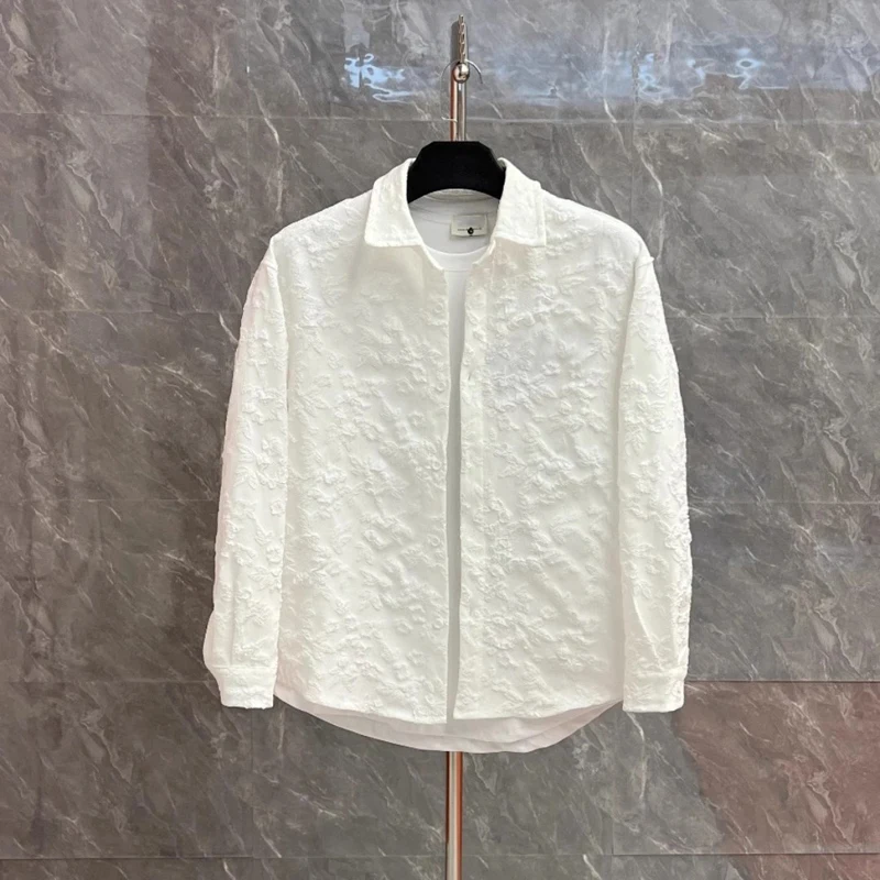 Camicie jacquard galleggianti da uomo vintage frac a maniche lunghe con risvolto versatile top camicia streetwear moda primavera autunno 3