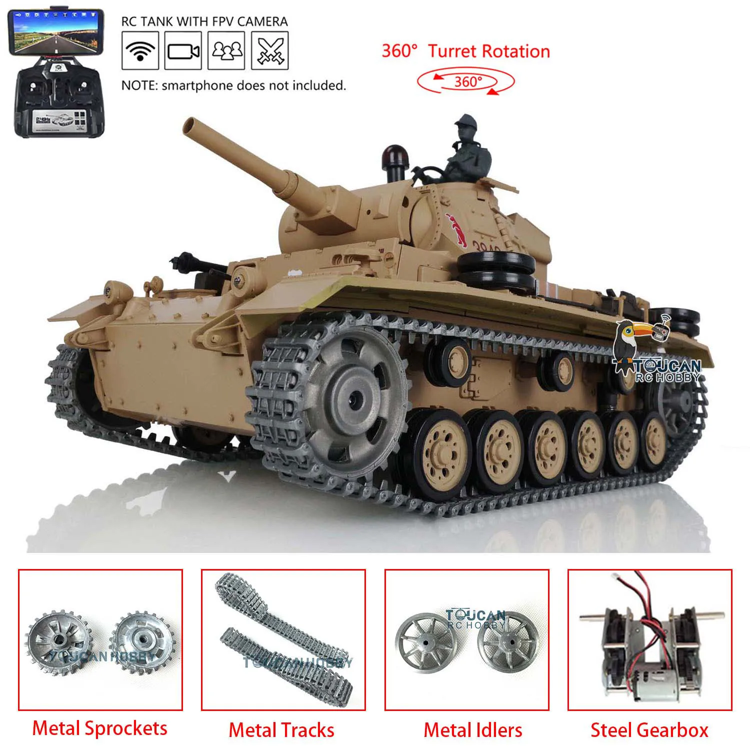HENG LONG 1/16 스케일 Tk-7.0 업그레이드 FPV 카메라 장착 Panzer III H RC 탱크 3849 360 °   터렛 옐로우 리모컨 장난감 소년용 TH17368