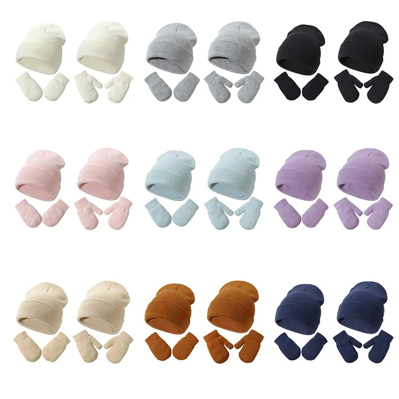 Autumn Winter Baby Hat Gloves Set Solid Color Knitting Newborn Beanie Warm Woolen Cap for Boy Girl Infant Accessories 0-5 Years