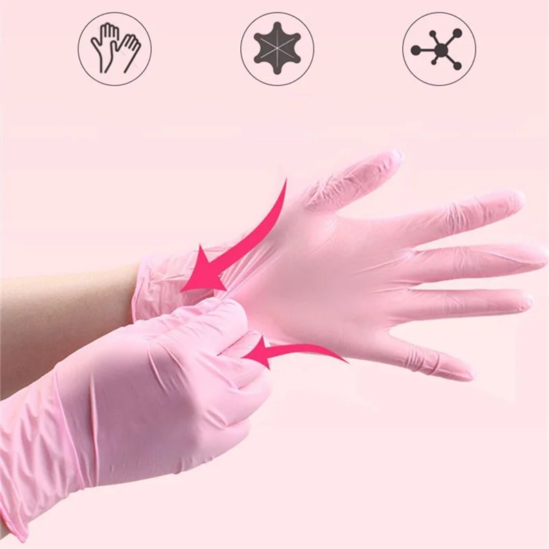 100PCS Pink Disposable Nitrile Gloves Latex Free Waterproof Household Cleaning Gloves Non Slip Kitchen Beauty Tattoo