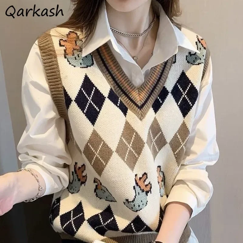 

Argyle Sweater Vests Women Lovely Cozy Korean Style Retro Students All-match Elegant Gentle Office Lady Chic Knitting Harajuku