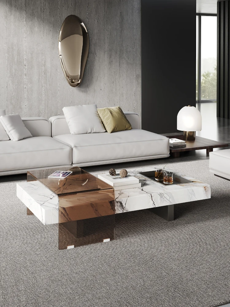 

Marble Coffee Table TV Cabinet Combination Light Luxury Living Room Square Creative Upscale Glass Tea Table