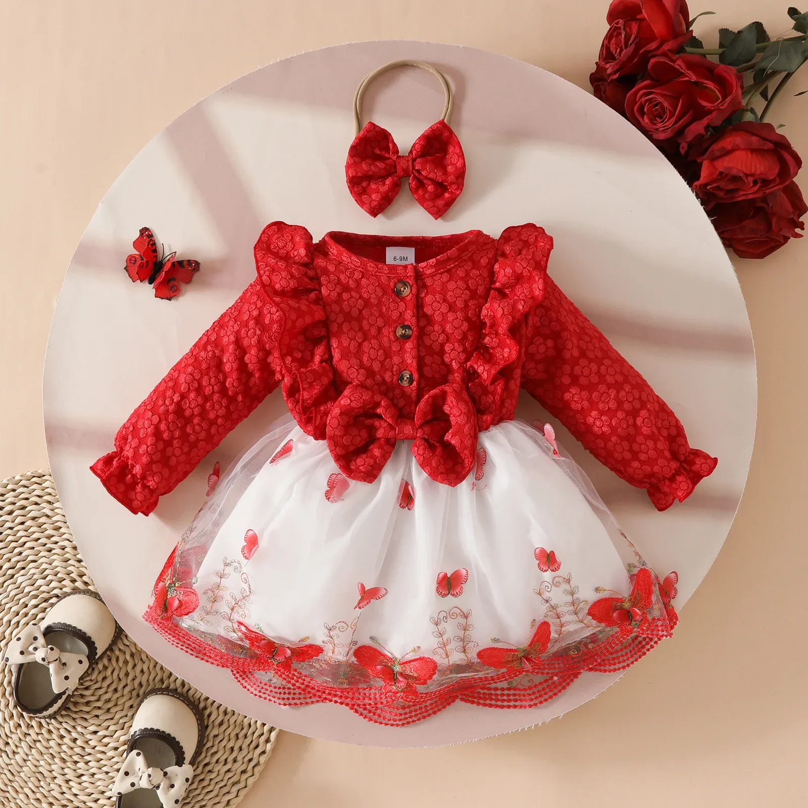 Autumn Winter Baby Girls Long Sleeve Ruffle Mesh Dress - 3D Butterfly Pattern Dress & Headband for 0 - 3 Years Old Girls 1