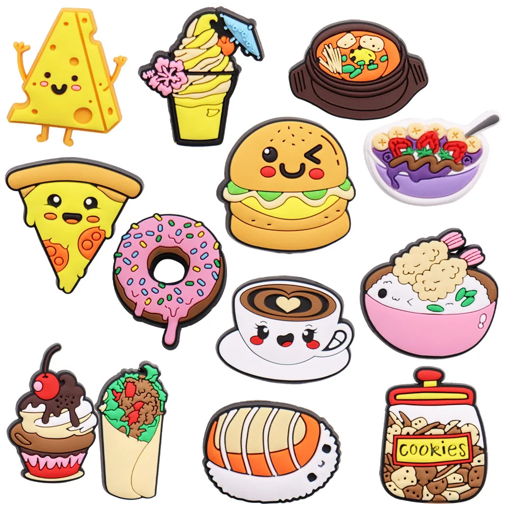 

Wholesale 50pcs Coffee Hot Pot Donut Pizza Cookies Mexican Twister Hamburger Food PVC Shoe Charms Croc Jibz Decoration DIY Bands