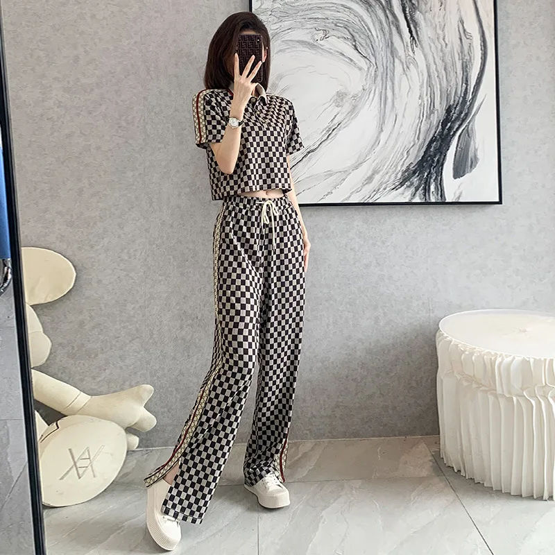 Tesco Sports Style Women's Suit Short Shirt Wide Leg Long Pants For Fashion Female Split Pants Athleisure Sets conjunto feminino