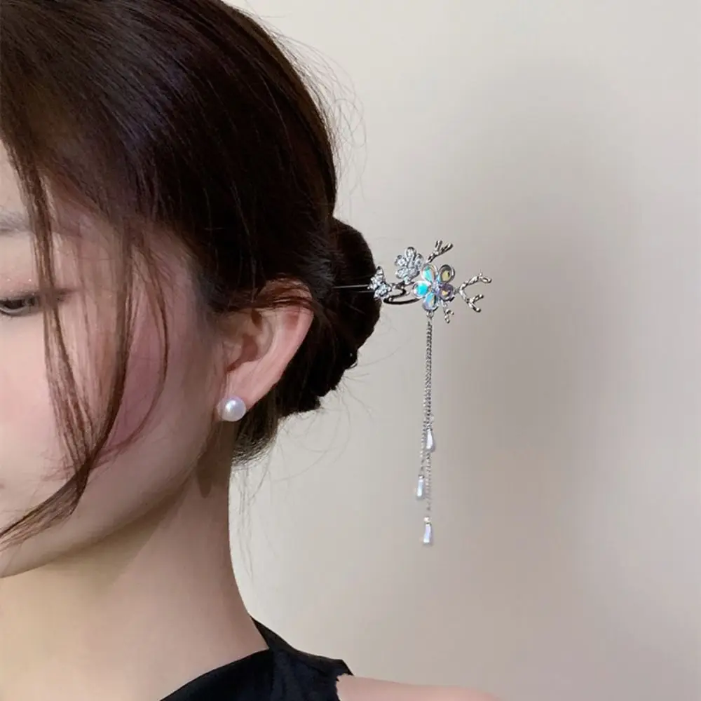 Chinese Style Flower Rhinestone Hair Stick Ancient Style Pearl Tassel Hair Sticks for Long Hanfu Headwear Alloy