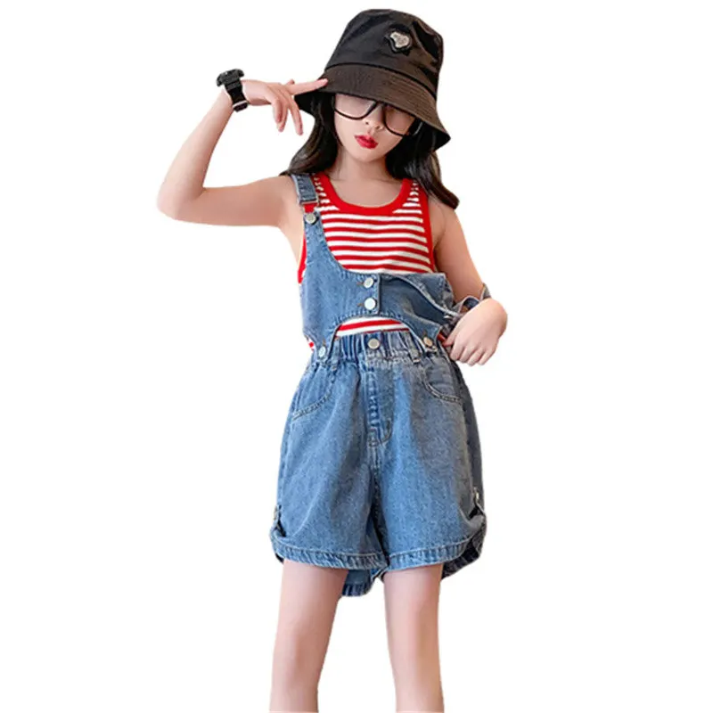 

Summer 3PCS Suit for Girls 2023 New Children Vest+Suspender+Shorts Fashion Design Clothing Set Teenage Outfits 6 8 10 12 14Years