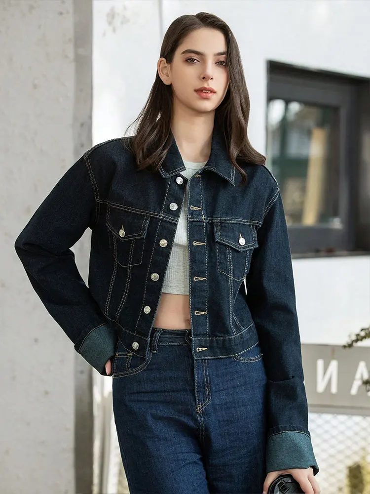 HH Women Solid Lapel Denim Jacket Single Breasted Long Sleeve Jackets 2025 Fashion High Street Lady Outerwear Denim Coats