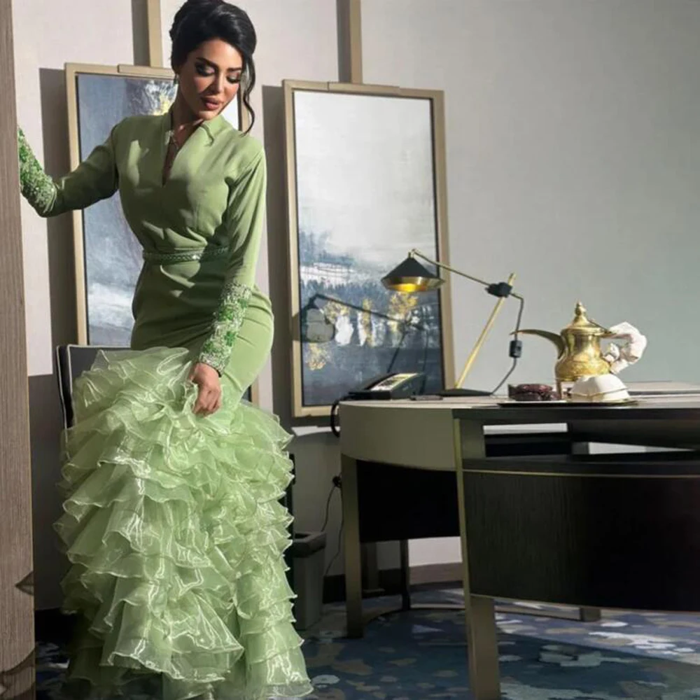 

Dubai Arabic Mint Evening Dresses Mermaid V Neck Long Sleeves Beads Women Formal Birthday Prom Gowns With Ruffles Organza Train